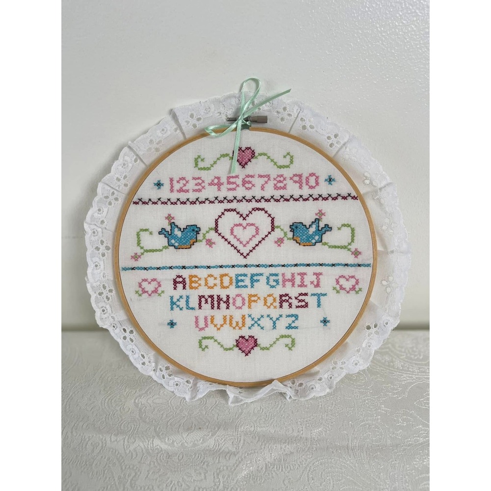 VTG‎ Handmade Counted Cross Stitch Alphabet Number Sampler Girl Nursery Decor